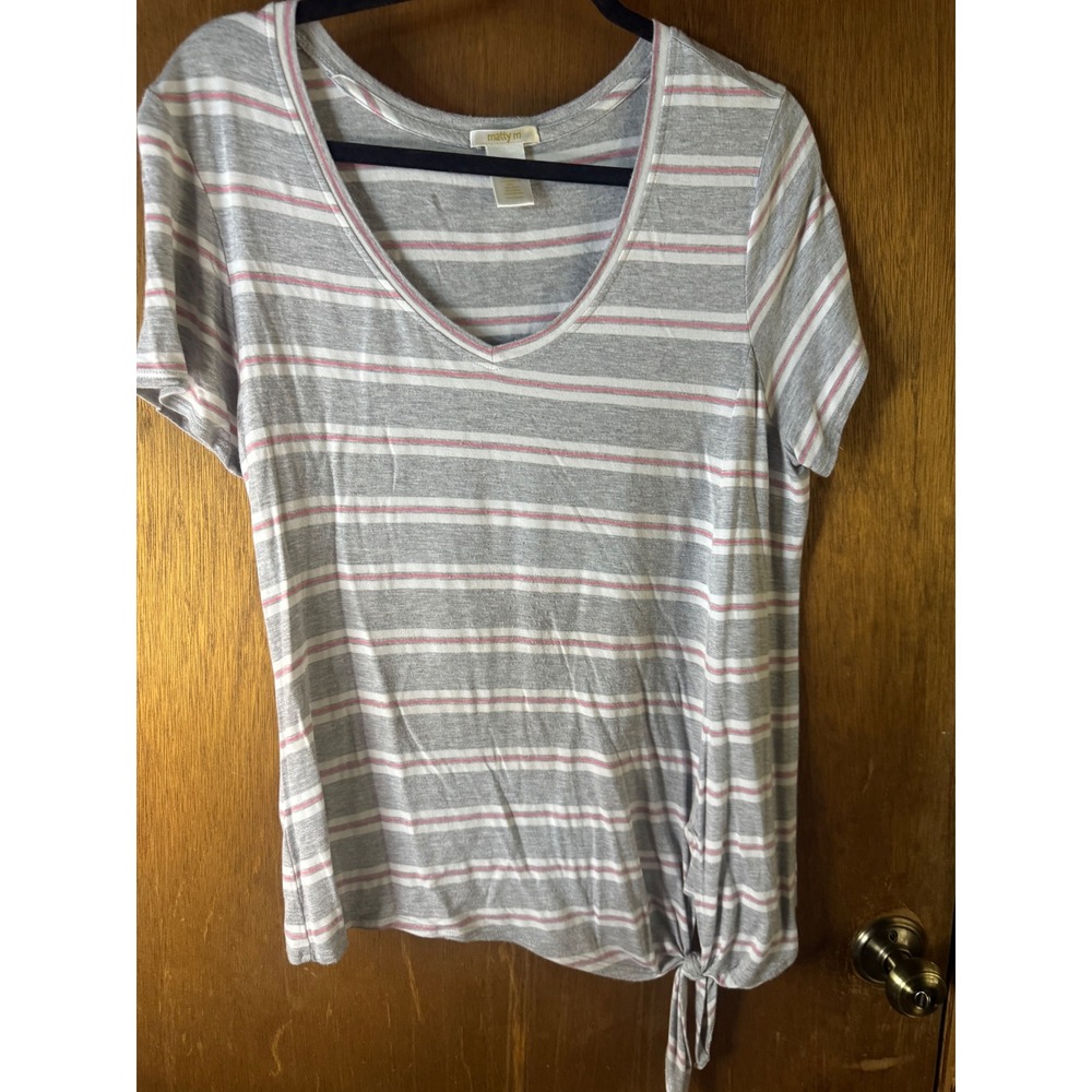 Matty M Womens V-Neck Side Tie Striped T-Shirt Gray Pink MK7861US Large